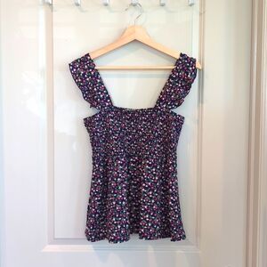Full Circle Trends ruffle strap tank top, women's dark blue floral smock tank